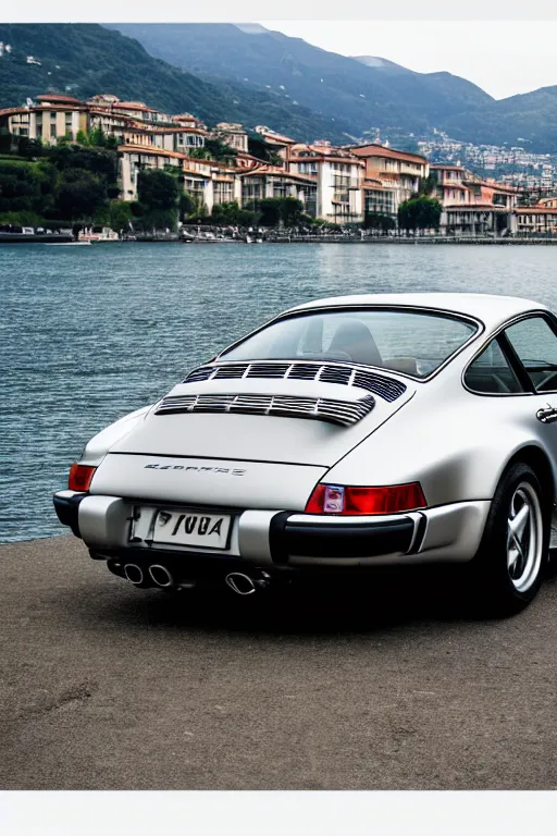 Image similar to Photo of a silver Porsche 911 Carrera 3.2 parked on a dock with Lake Como in the background, wide shot, rear view, daylight, dramatic lighting, award winning, highly detailed, 1980s, luxury lifestyle, fine art print, best selling.