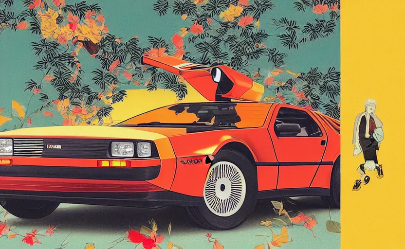 Image similar to a red delorean and a yellow tiger, painting by hsiao - ron cheng & utagawa kunisada, magazine collage style,