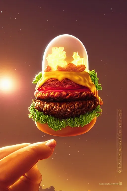 Image similar to a hamburger as a faberge egg, anatomy, bathed in light, highly detailed, photorealistic, artstation, smooth, sharp focus, illustration, unreal engine 5, 8 k, art by artgerm and greg rutkowski and edgar maxence