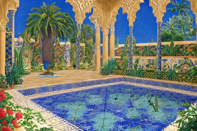 Image similar to painting of a beautiful moorish palace courtyard garden, by alayna danner and maxfield parrish and rob gonsalves, patterned tilework, palm trees, tiled fountains, extremely detailed, cinematic lighting, smooth sharp focus