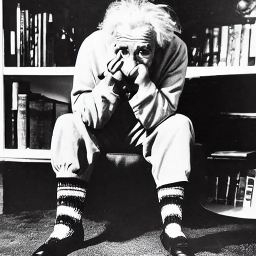 Image similar to Photograph of Albert Einstein having trouble choosing whether or not to wear white socks or black socks