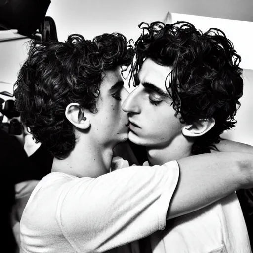 Image similar to timothee chalamet wearing a timothee chalamet tshirt while kissing timothee chalamet