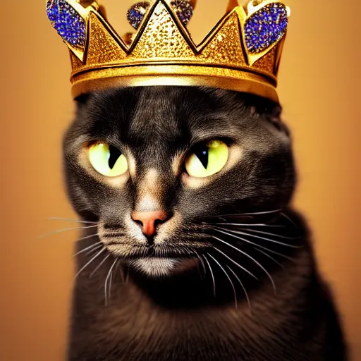 Image similar to a cat wearing a king's crown,studio photograph,professional photography,professional lighting,3 point lighting,detailed face,hyperdetailed,photorealistic,4k