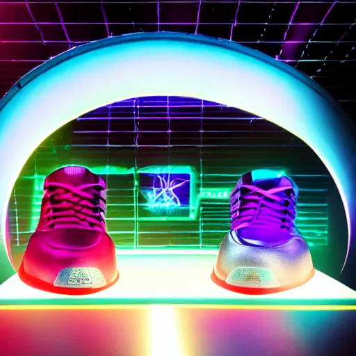 Image similar to a profesional studio advertising photograph of a pair of digital futuristic sneakers with neon lights and mayan aesthetic shot in a profesional photographic studio