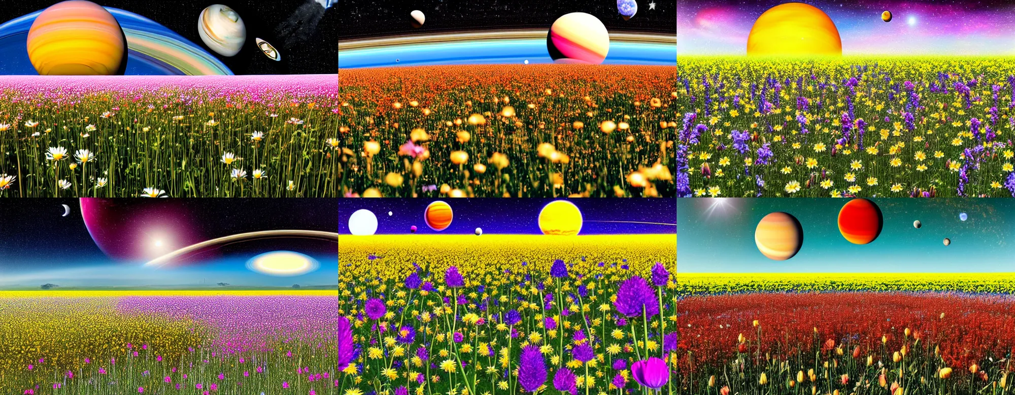 Image similar to Field of flowers with the planet Saturn in sky above