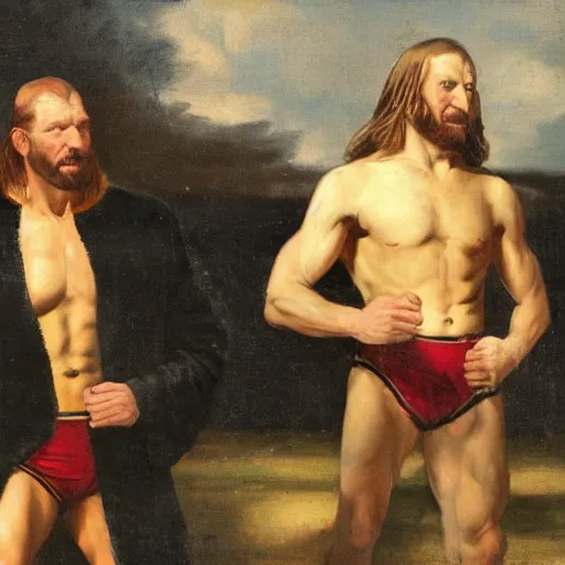 Prompt: vince mcmahon & triple h in the ring, painted by the old dutch masters,