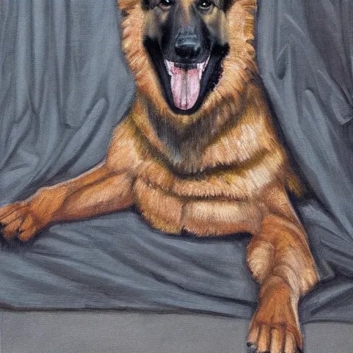 Image similar to a oil painting of a humanoid german shepherd beast - man, wearing military outfit, sitting on the carpeted floor beside a bed