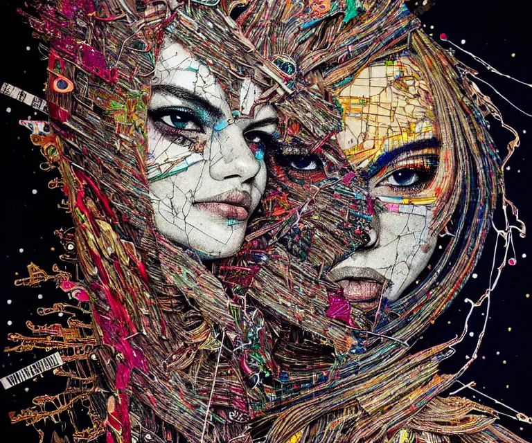 Image similar to nights falling wind is blowwing snow is pilling concept art in style of el anatsui and carne griffiths artwork by xsullo. mix media, biomecanical cyber alian of the whiched,, artwork by el anatsui and carne griffiths artwork by xsullo, insanely detailed, artstation,
