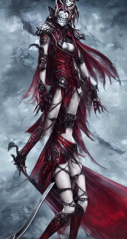 Image similar to female vampire knight, barefoot, full body armor, plate armor, carnival mask, giant two - handed sword dripping blood, crimson colored wings, grinning, barefeet, fantasy art.