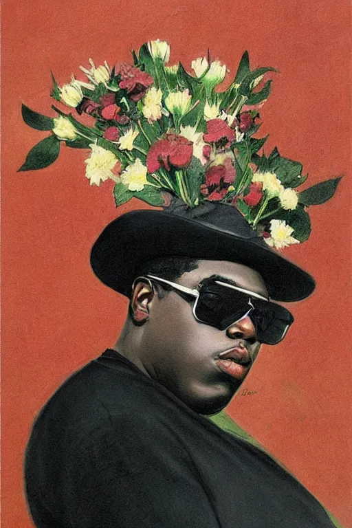 Image similar to portrait of biggie smalls, bloom flowers, modern, eclectic, illustration, by ramon casas