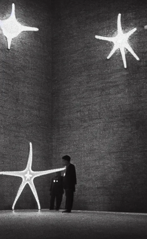 Image similar to light coming out of one starfish - like kaiju anthropomorphic monster, korean film noir by kim jong - il, korean traditional palace, pyongyang city, 1 9 6 0 s, red color bleed, 4 k, video compression, video glitch, monochrome, akira kurosawa, mamoru oshii, wes anderson, stanley kubrick