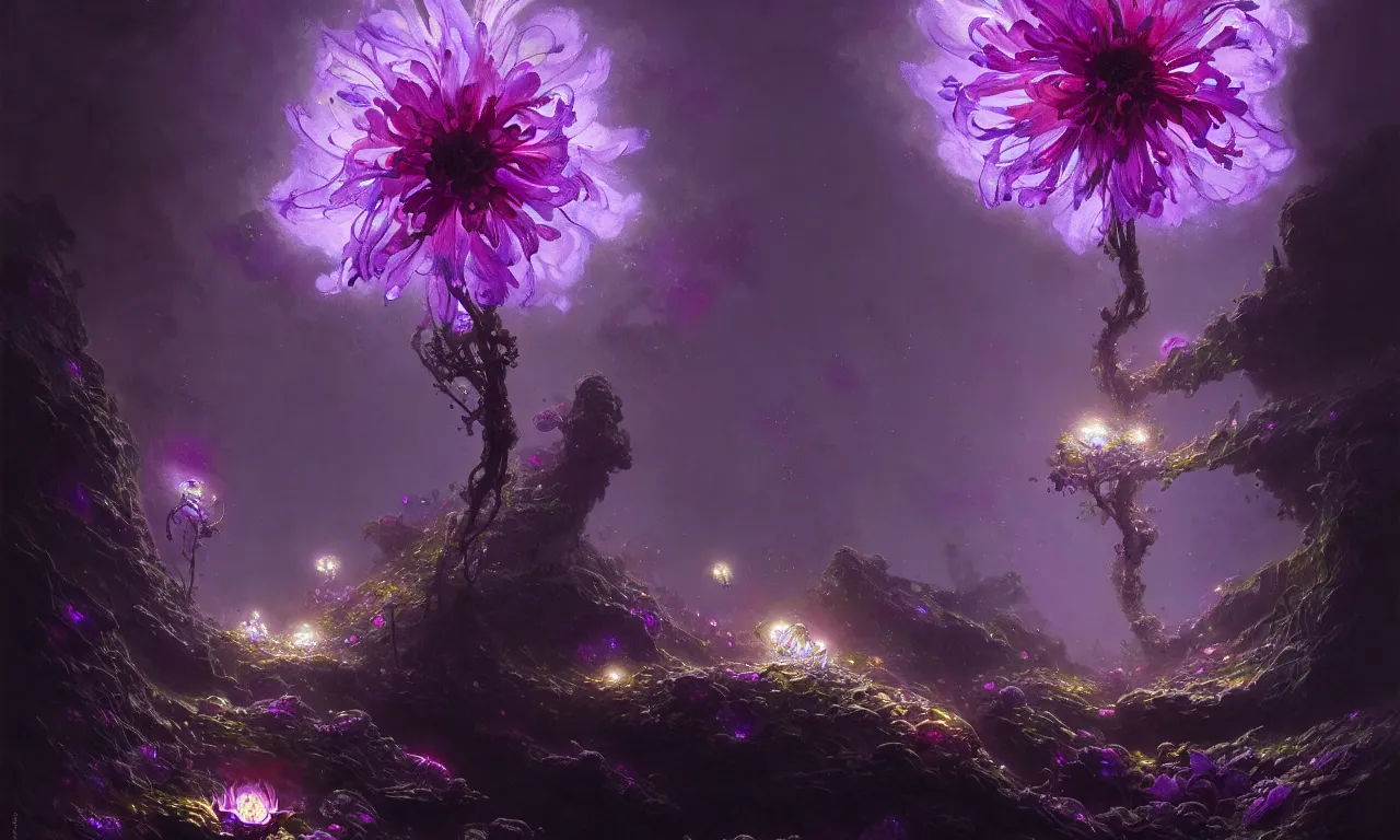 Prompt: artstation photo of a purple bioluminescent flower growing underground, shiny colorful, hyperdetailed, artstation trending, world renowned artists, flower artworks society, floral renewal, cgsociety, by greg rutkowski, by Gustave Dore, Deviantart