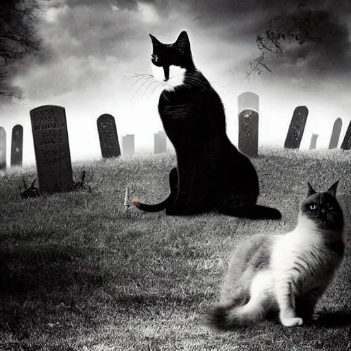 Prompt: A movie still photograph from a Tim Burton movie with a cat and a graveyard looking surreal