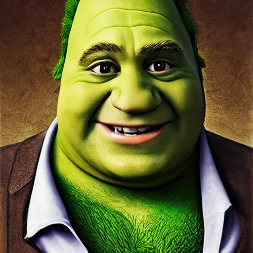 Image similar to award winning portrait of danny devito as shrek, photo by mark mann, hyper detailed