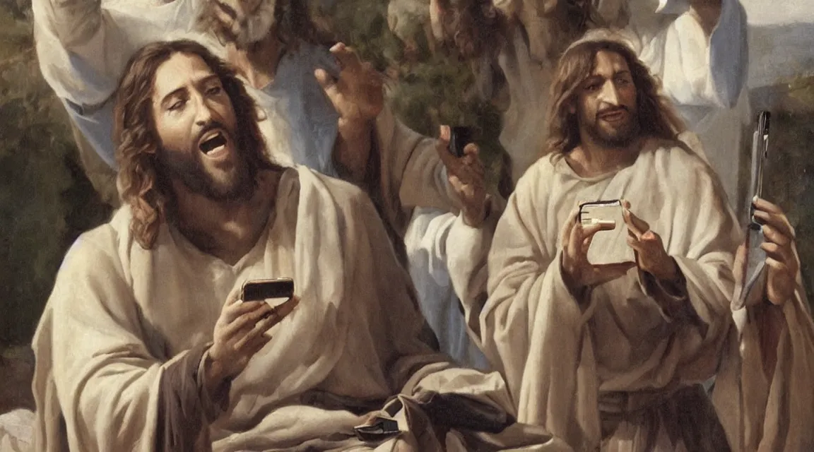 Prompt: portrait of jesus laughin because see a meme in him cellphone, no letters