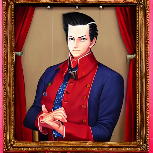 Image similar to a highly detailed portrait of miles edgeworth from ace attorney, inside a room with thick red tapestries, oil painting