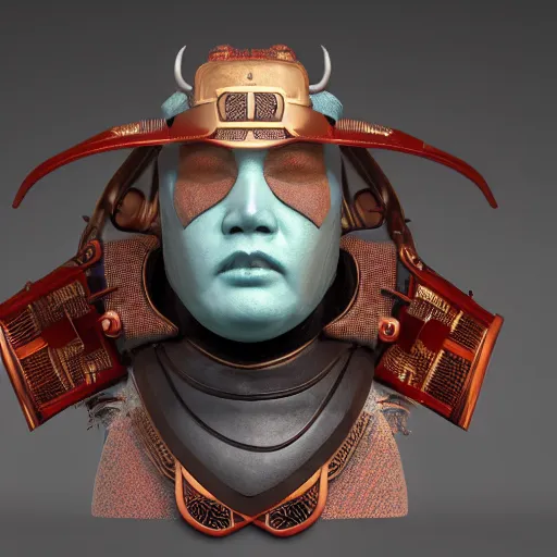 Image similar to portrait of a bust of a samurai head with mask and futuristic fashion elements created by yuuki morita, brilliantly colored, modern art, octane render, 3 d animated, unreal engine 5, studio lighting, smooth surface