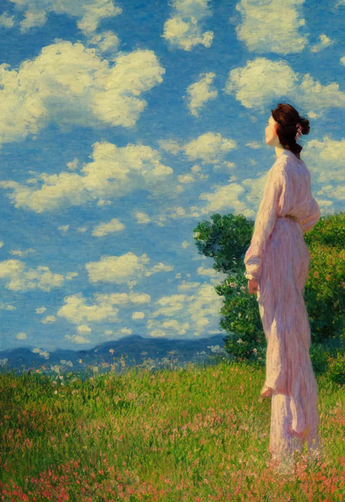 Prompt: tiny character in front of a beautiful japanese country side landscape, bleu sky, magnificient clouds, lofi vibe, vivide colors, amazing light, really beautiful nature, oil painting, impressionist style, by jeremy lipkin, by claude monet, by ghibli, kandinsky touches, multiple brush strokes, masterpiece