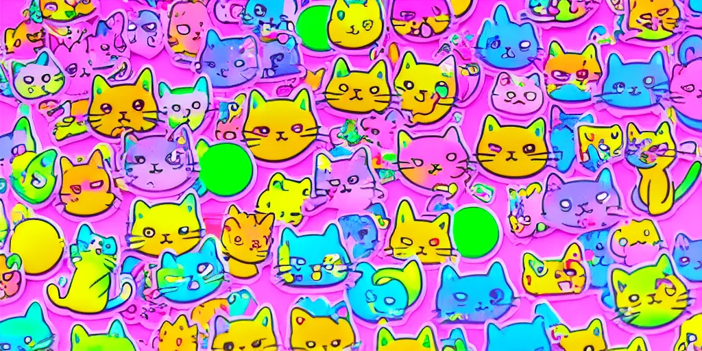 Image similar to a cat cowboy, puffy sticker, glitter sticker, kawaii by studio ghibli, by lisa frank 8 k pastel colours, neon colours, fluorescent colours,