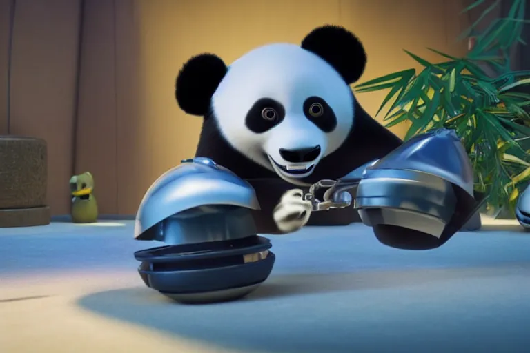 Image similar to still from a pixar film about a robot panda, uhd 4 k movie, octane render