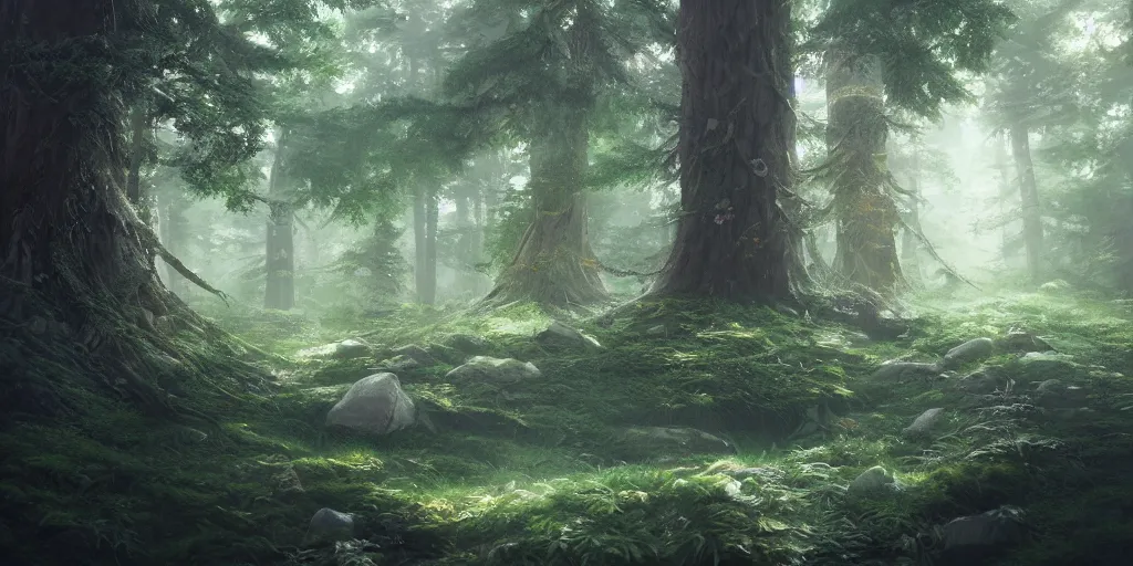 Image similar to a forest, highly detailed oil painting, hyperrealism, volumetric lighting, Studio Ghibli, Jessica Rossier, digital art, octane render, beautiful composition, trending on artstation, masterpiece