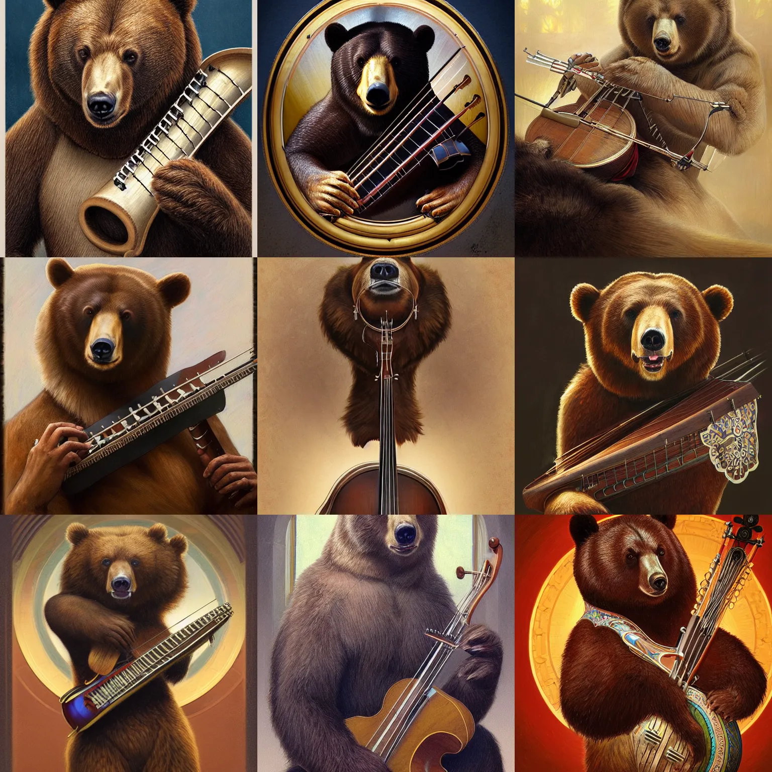 Prompt: realistic bear playing russian traditional Composite chordophone (baglama panduri dombra), realistic portrait, symmetrical, highly detailed, digital painting, artstation, concept art, smooth, sharp focus, illustration, cinematic lighting, art by artgerm and greg rutkowski and alphonse mucha