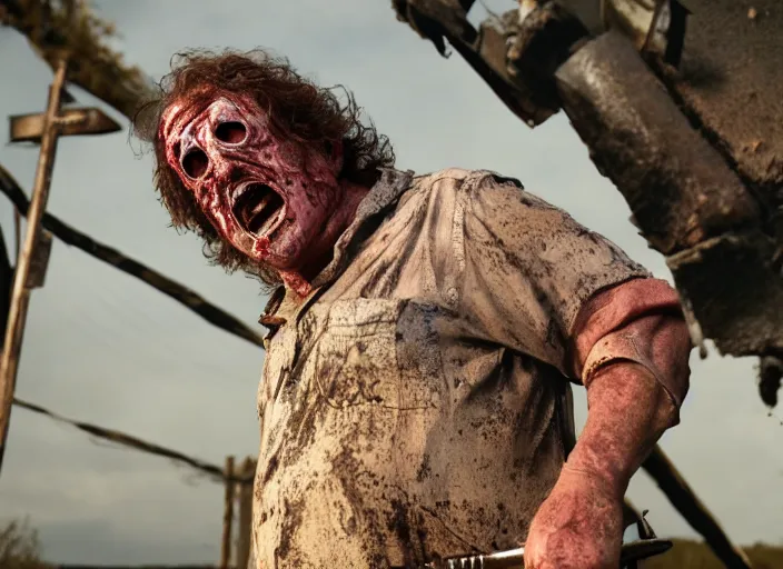 Prompt: terry funk as leatherface, movie still, from the new texas chainsaw massacre movie, 8 k, realistic