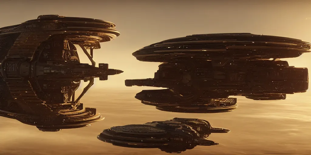 Prompt: spaceship from the movie dune, 2 0 2 1 cinematic 4 k framegrab, intricate abstract spaceship floating detailed docking ports. birds flying around