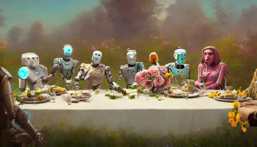 Image similar to a table dinner of robots where robots are dressed like the characters from the midsommar movie wearing flowers, realistic detailed digital art by maxwell boas jessica rossier christian dimitrov anton fadeev trending on artstation cgsociety rendered in unreal engine 4 k hq