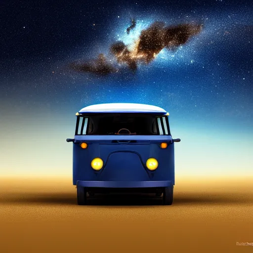 Image similar to a dark blue tuk tuk floating across the night sky, science fiction, milky way, moon, matte painting, concept art, 4k