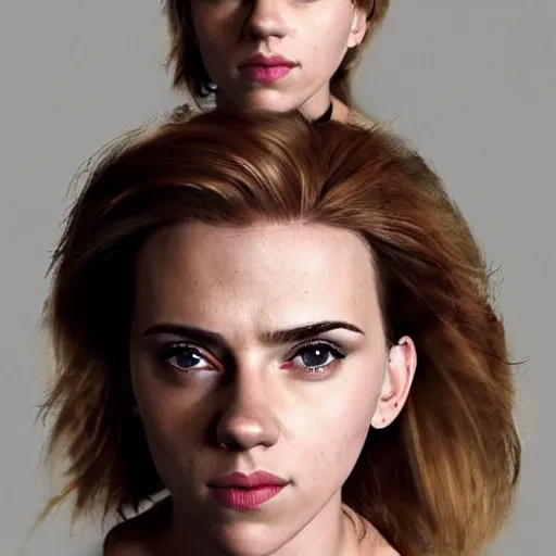 Image similar to a woman who is a genetic combination of scarlett johansson and emma watson face and upper - body focus