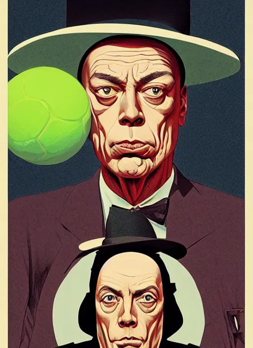 Image similar to poster artwork by Michael Whelan and Tomer Hanuka, Karol Bak Major Buster Keaton, from scene of a tennis ball monster , clean