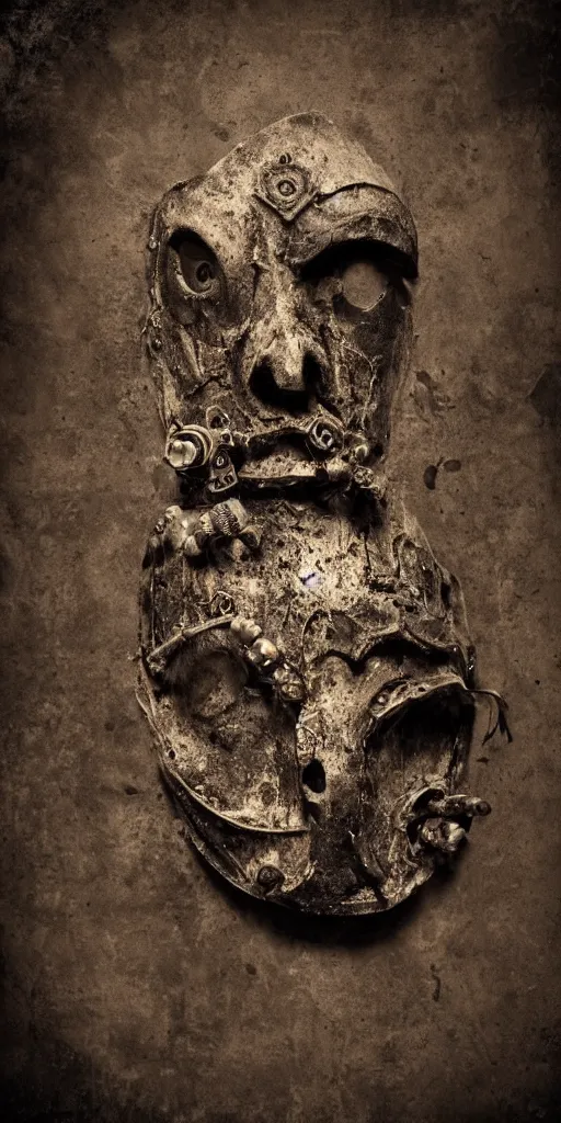 Image similar to extra wide view. an ominous dark ancient mask. barron. worn out photography. sepia. cracks. hyper - detailed. gothic steampunk. low poly medieval baroque. symmetric. epic. hyper - realistic. unreal render.