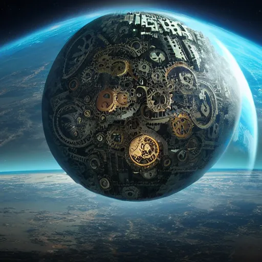 Image similar to planet made out of gears and clockwork, realistic futuristic, 4 k highly detailed, in space, cyberpunk