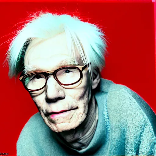 Image similar to Portrait of an aged elderly Andy Warhol, taken in the 2000s, photo taken on a 2000s camera, grainy, real life, hyperrealistic, ultra realistic, realistic, highly detailed, epic, HD quality, 8k resolution, body and headshot, film still, front facing, front view, headshot and bodyshot, detailed face, very detailed face