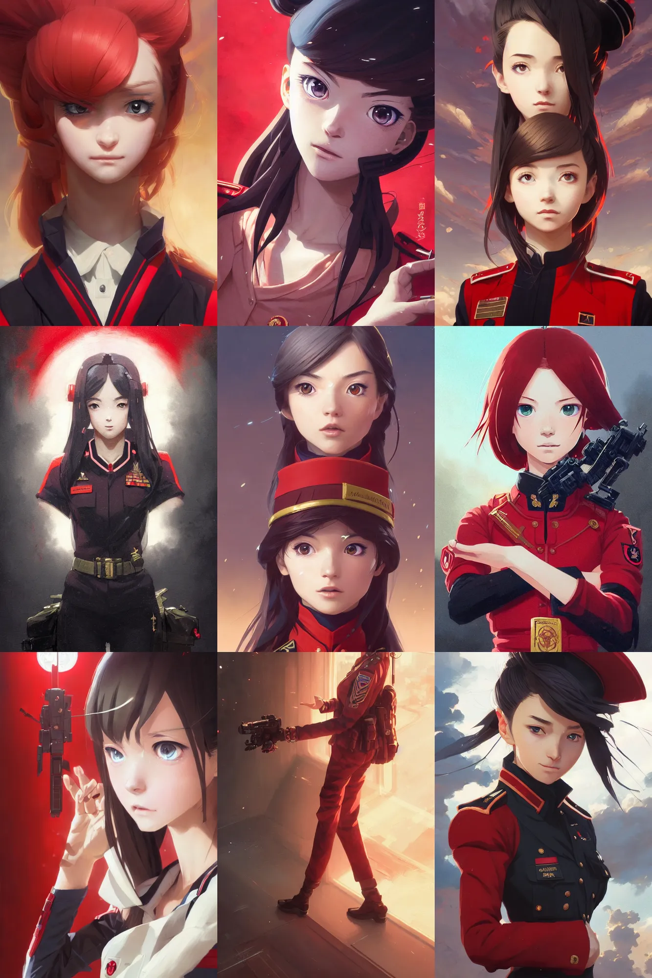 Prompt: highly detailed portrait of beautiful girl with anime features wearing a red and black military uniform, detailed hands, dynamic pose, stephen bliss, unreal engine, by greg rutkowski, loish, rhads, ferdinand knab, makoto shinkai and lois van baarle, ilya kuvshinov, rossdraws, tom bagshaw, global illumination, radiant light, detailed intricate environment