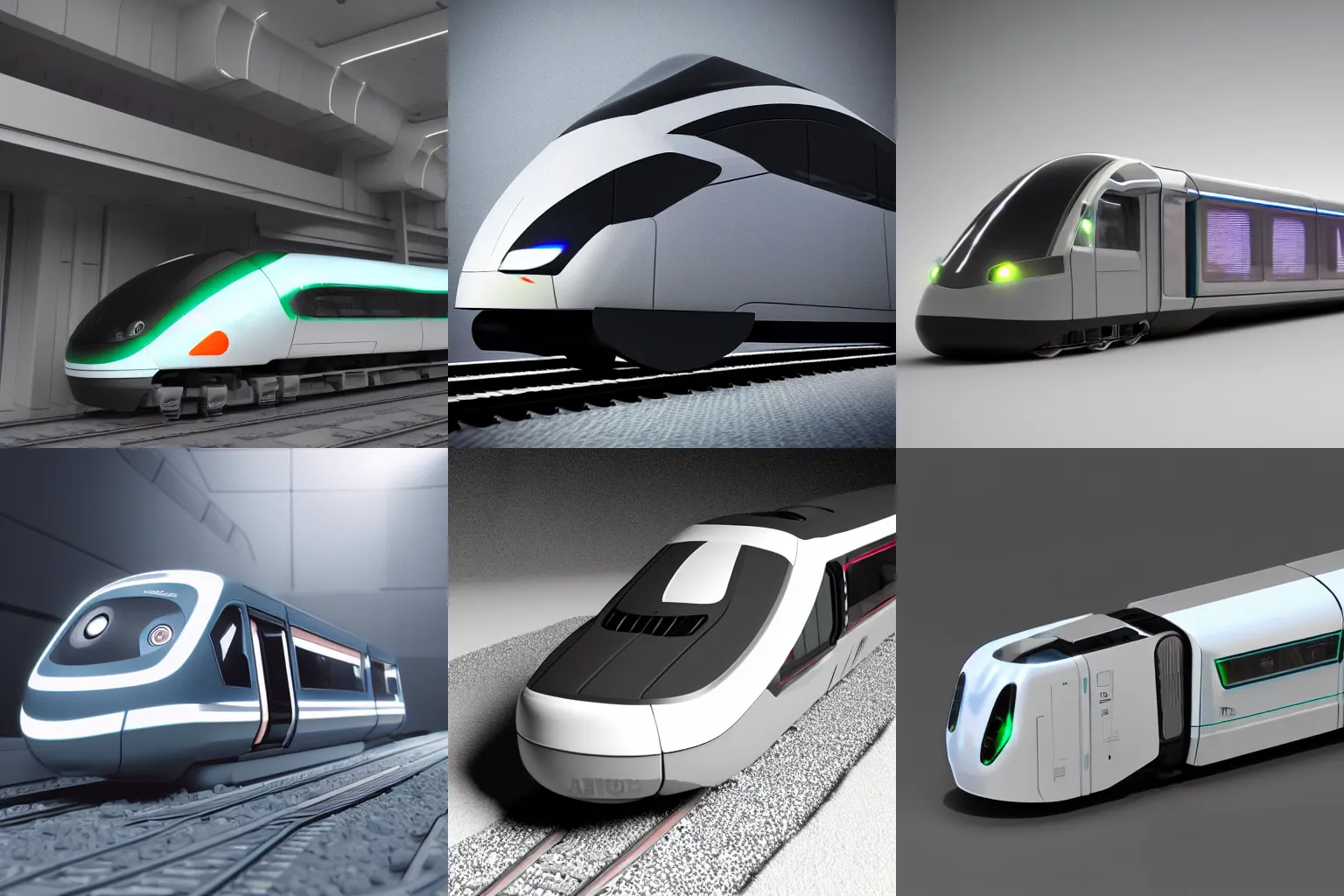 Prompt: futuristic train on laser tracks designed by Apple white on grey studio lightening octane render
