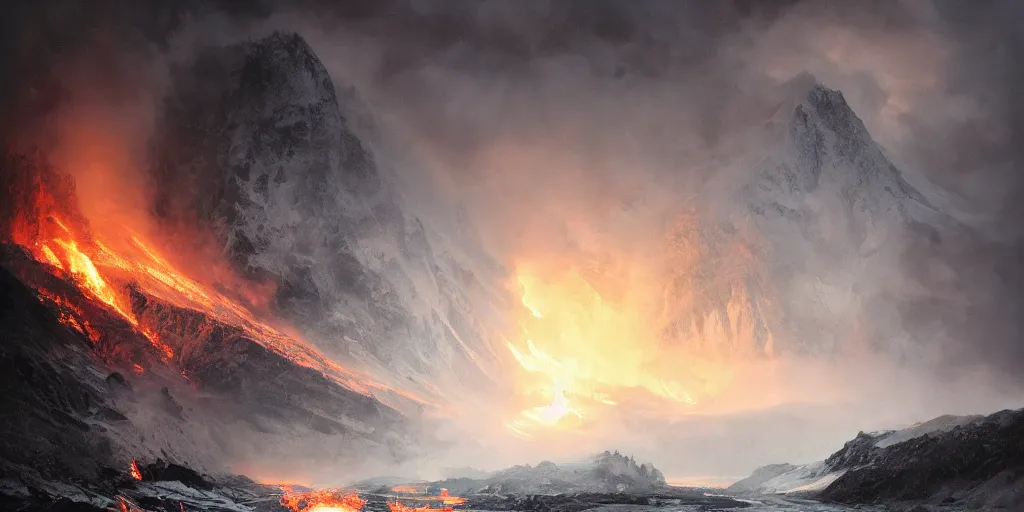 Image similar to alaskan glacier on fire, dim volumetric lighting, 8 k octane render, postprocessing, hyperdetailed, intricate, epic composition, cinematic lighting, masterpiece, trending on artstation, stunning art by anders zorn, extraordinary artwork by greg rutkowski