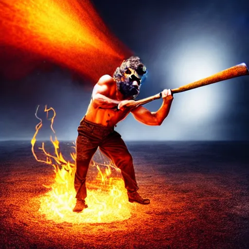 Image similar to a very strong blacksmith swinging his hammer he is made of psychedelic dust clouds dancing in the wind, hyper realistic, roaring fire, midday, realistic lighting, psychedelic dust, psychedelic dust, psychedelic dust, Very strong Blacksmith, photo realistic, 4k