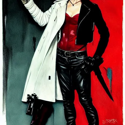 Prompt: Rafael Albuquerque art, Norman Rockwell, pretty Margot Robbie vampire, sharp teeth, evil smile, symmetrical face symmetrical eyes, leather jacket, jeans, holding HK pistol in hand, hands with five fingers, realistic hands