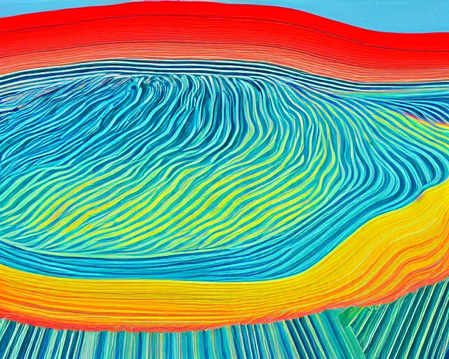 Prompt: A wild, insane, modernist landscape painting. Wild energy patterns rippling in all directions. Curves, organic, zig-zags. Saturated color. Mountains. Clouds. Rushing water. Wayne Thiebaud. David Hockney.