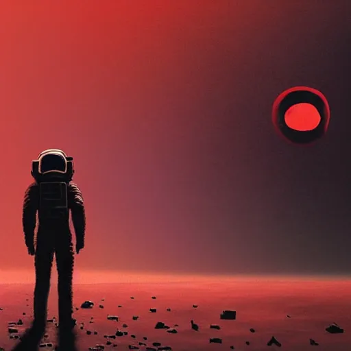 Prompt: ultra realistic, astronaut standing in front of an eerie hell cathedral on a destroyed planet in soace, there’s a large obsidian vortex in the sky in the art style of Zdzisław Beksiński, black and red background, occult, photo realistic, dark atmosphere