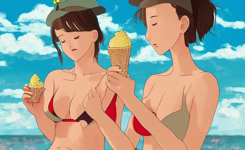 Image similar to a woman eating a vanilla ice cream cone and wearing a bikini, a Studio Ghibli style scene, digital art, 4k