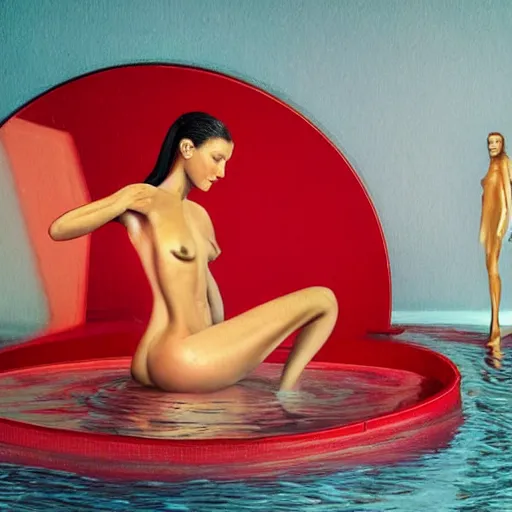 Image similar to Bella Hadid full body laying in a blood red pool of water between a golden mirror frame, outside is space and inside the mirror frame is a beautiful landscape., physically accurate, dynamic lighting, intricate, elegant, highly detailed, digital painting, artstation, HR GIGER, Hieronymus Bosch, Francis Bacon, concept art, smooth, sharp focus, illustration, art by artgerm and greg rutkowski and alphonse mucha