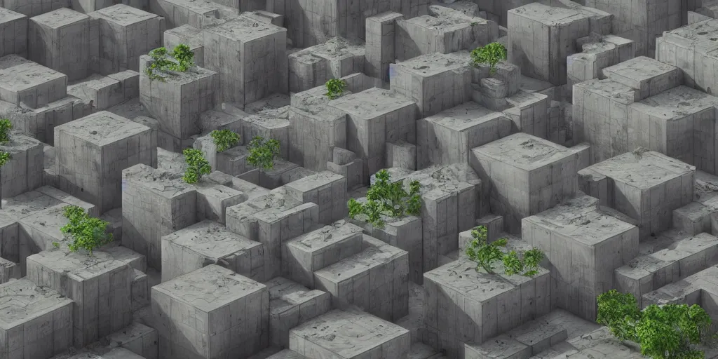 Prompt: cube city, realistic, highly detailed, concrete architecture,