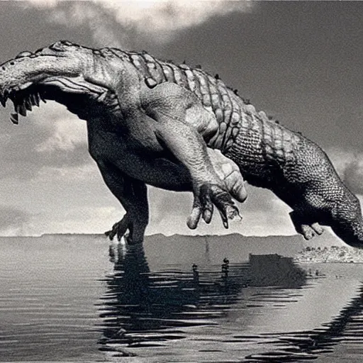 Prompt: found retro footage of a giant crocodile ambushing a lion from a murky lake, high temperature, cinematic lighting, focused eyes, apex predator standoff