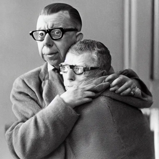 Prompt: sartre hugging a sad alien