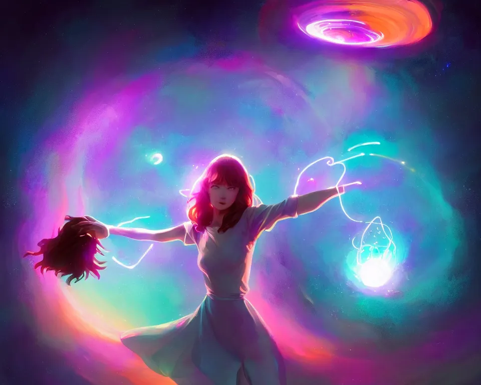 Prompt: a beautiful whimsical woman standing under a multi-colored binary blackhole with an accretion disc, casting magic, glowing trails following her arms,, by Lois van Baarle, by Greg Rutkowski, by artgerm, by beeple, by studio ghibli, cinematic angle, volumetric lighting, 4k resolution, octane render, trending on artstation, masterpiece