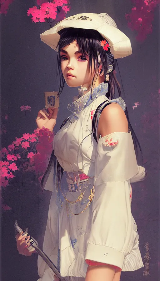 Prompt: madison beer, detailed portrait young gangster lolita, amazing beauty, visor, neon tattoo, styled hair, decorated traditional japanese ornaments by carl spitzweg, ismail inceoglu, vdragan bibin, hans thoma, greg rutkowski, alexandros pyromallis, perfect face, fine details, realistic shaded