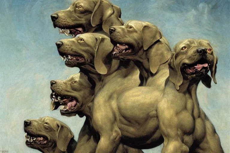 Image similar to hyperdetailed matte art of a three headed dog cerberus by william blake, ilya repin, amano, rene magritte, craig mullins, three headed dog cerberus, details